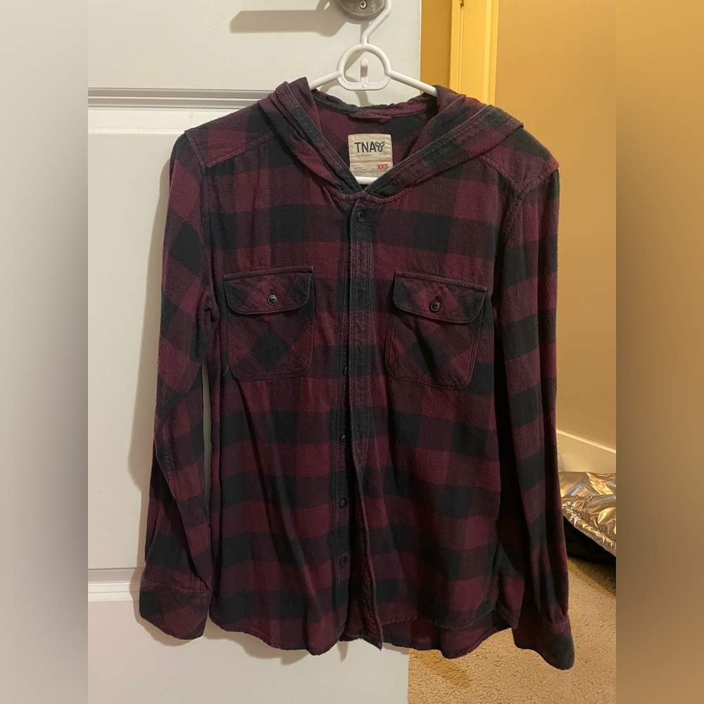 TNA black and maroon hooded button down flannel